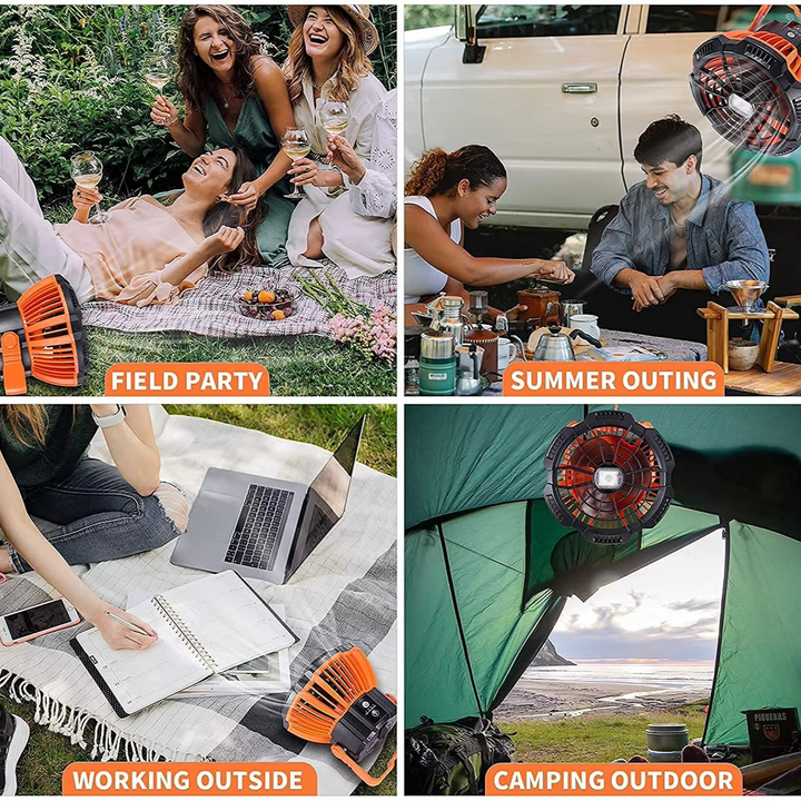 BowLift | Rechargeable Camping Fan with LED Light, Remote Control and Hanging Hook