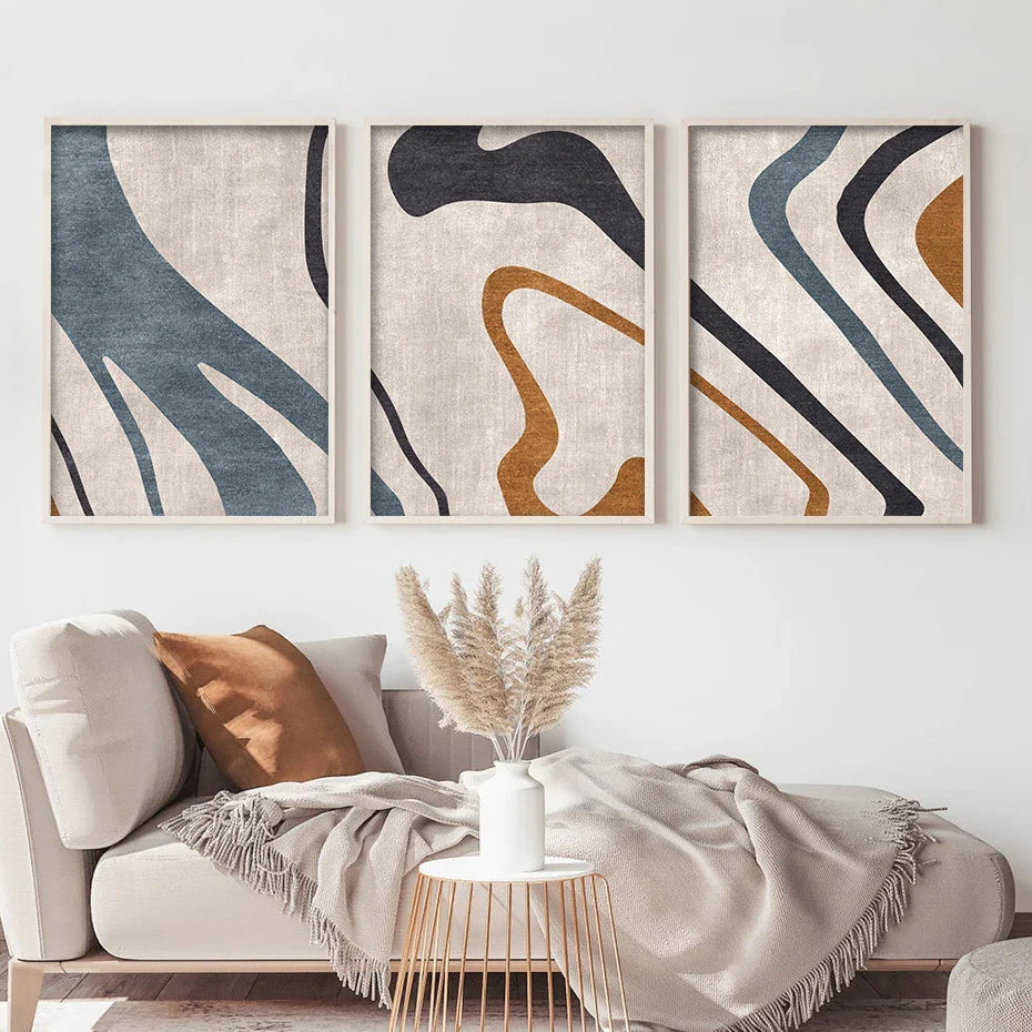 Flowing Lines Blue Beige Abstract Wall Art Fine Art Canvas Prints Pictures For Modern Living Room Dining Room Bedroom Art Decor | Bowlift