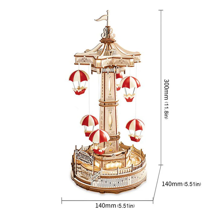 BowLift | ROKR Parachute Tower Music Box | 3D Wooden Puzzle with Movement & Light | DIY Kit 184 Pieces | Magical Carnival for Kids & Adults