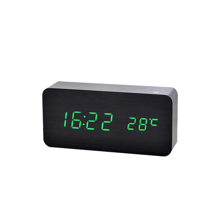 Minimalist LED wooden clock with temperature display, wireless charging function and digital time display – Ideal for bedroom and office | Bowlift