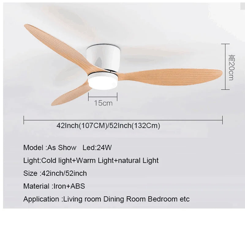 42-52 Inch Ceiling Fans with DC Motor — Remote Control Low Floor Cooling Fans, No Light, White Wood & Black Options | Bowlift