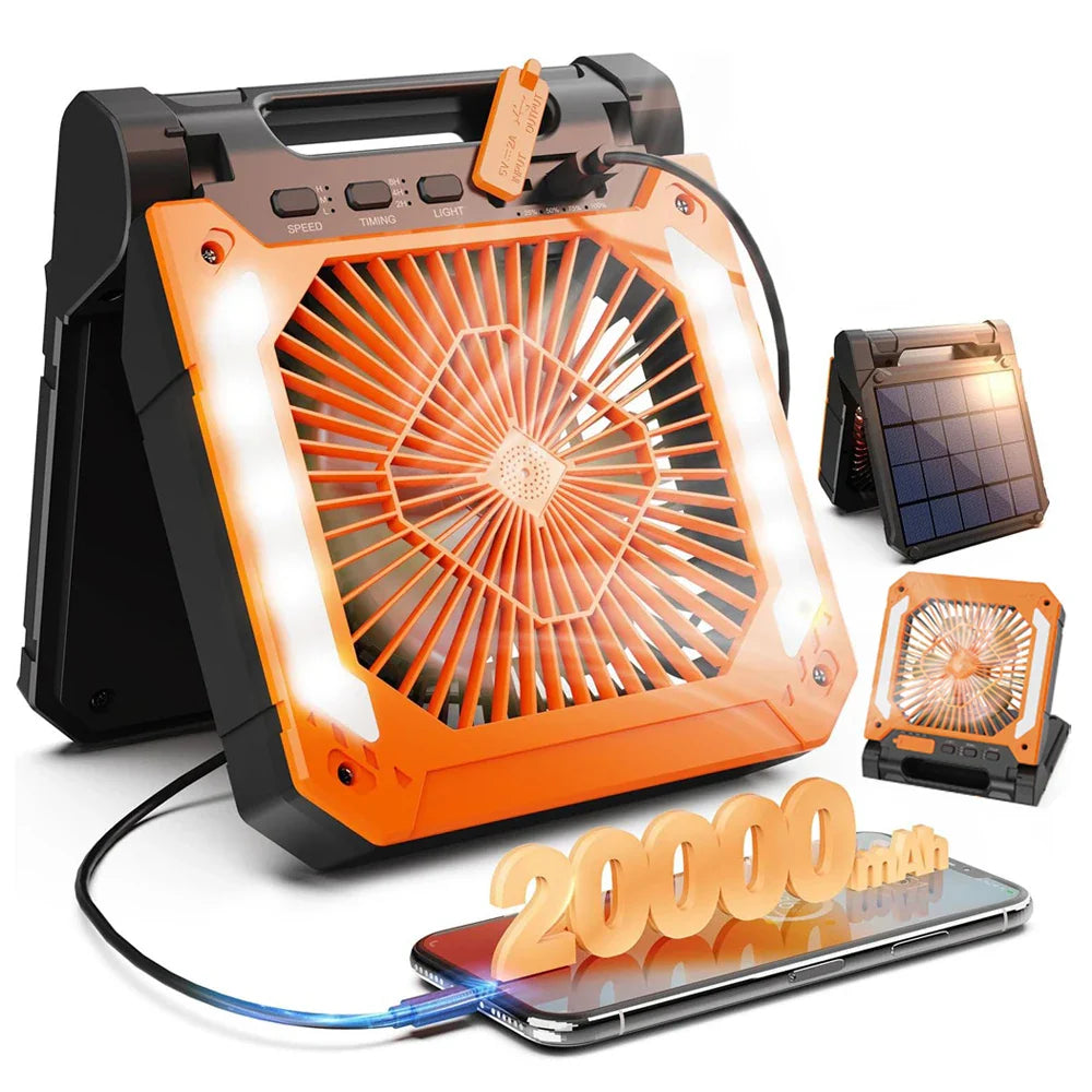 20000mAh Portable Electric Fan with LED Light — USB, Solar & Car Charging for Camping | Bowlift