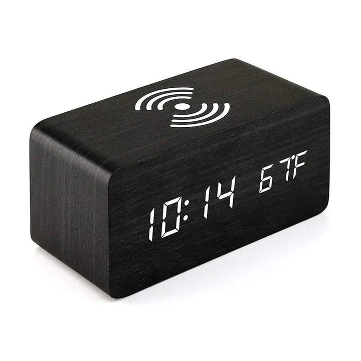 Minimalist LED wooden clock with temperature display, wireless charging function and digital time display – Ideal for bedroom and office | Bowlift