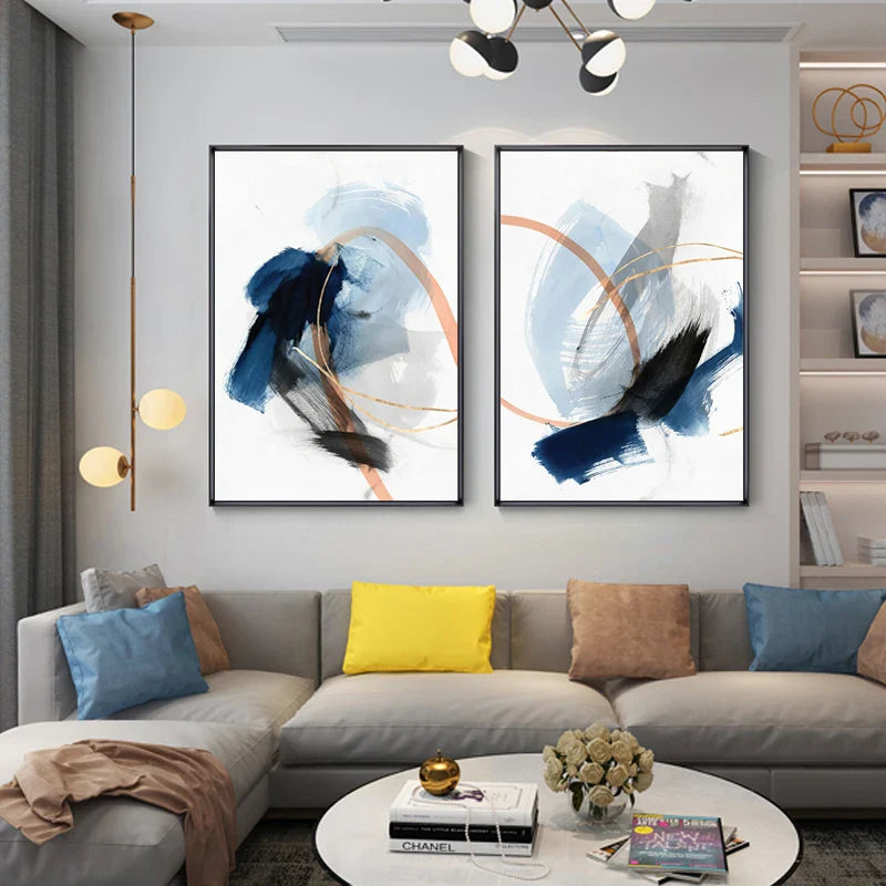 Modern Abstract Broad Stroke Wall Art Fine Art Canvas Prints Blue Beige With Hints Of Orange Golden Nordic Pictures For Living Room Decor | Bowlift