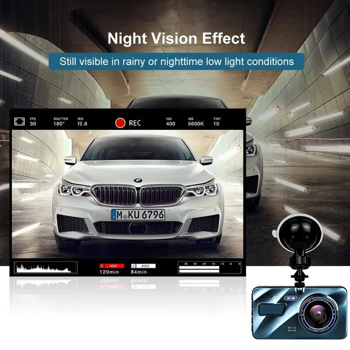 BowLift | 4" Dual Lens Dash Cam with Full HD 1080P, Night Vision, Front and Rear View, Loop Recording, Aluminum Alloy Black Box