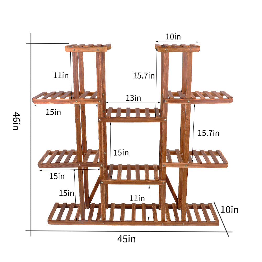 Large 11-tier Wooden Plant Shelf | Carbonized, Wide Flower Stand for Indoor & Outdoor | Bowlift