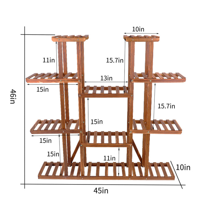 Large 11-tier Wooden Plant Shelf | Carbonized, Wide Flower Stand for Indoor & Outdoor | Bowlift