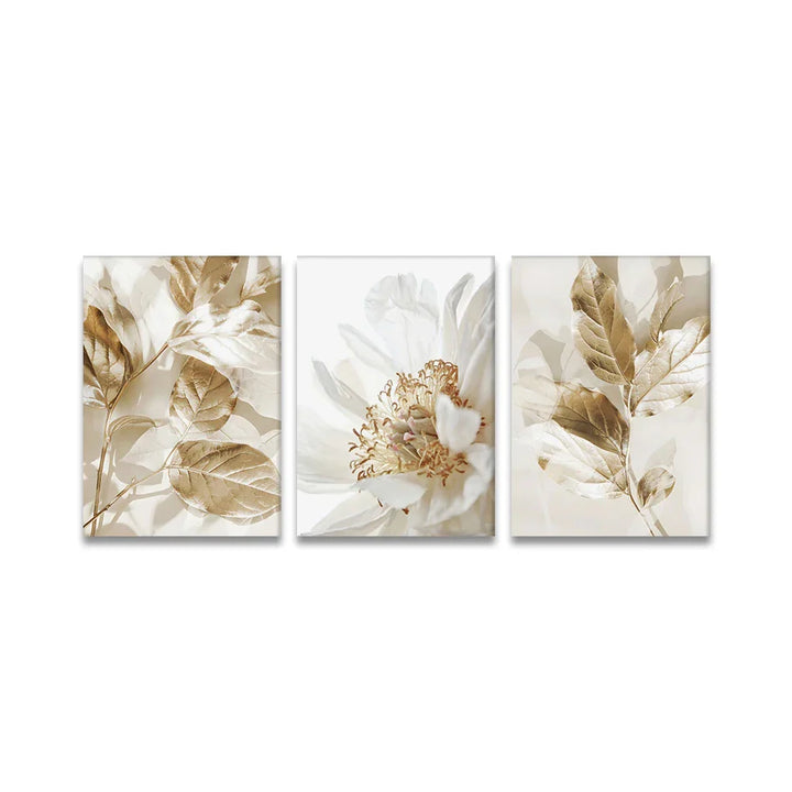 Modern White & Golden Floral Wall Art Fine Art Canvas Prints Pictures For Living Room Dining Room Bedroom Art Decor (Set of 3Pcs) | Bowlift