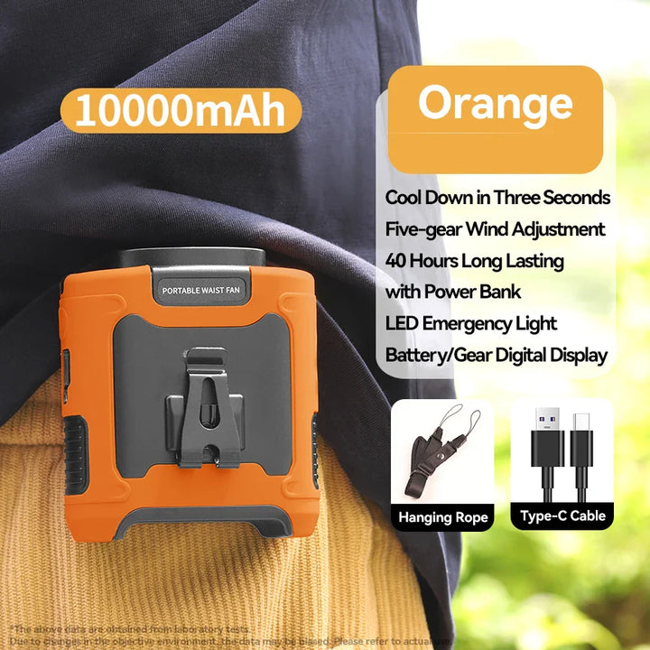 20000mAh Portable Waist Fan – Hanging Neck Fan with Power Bank, Strong Wind, LED Lighting for Sports, Courier, Outdoor Work | Bowlift