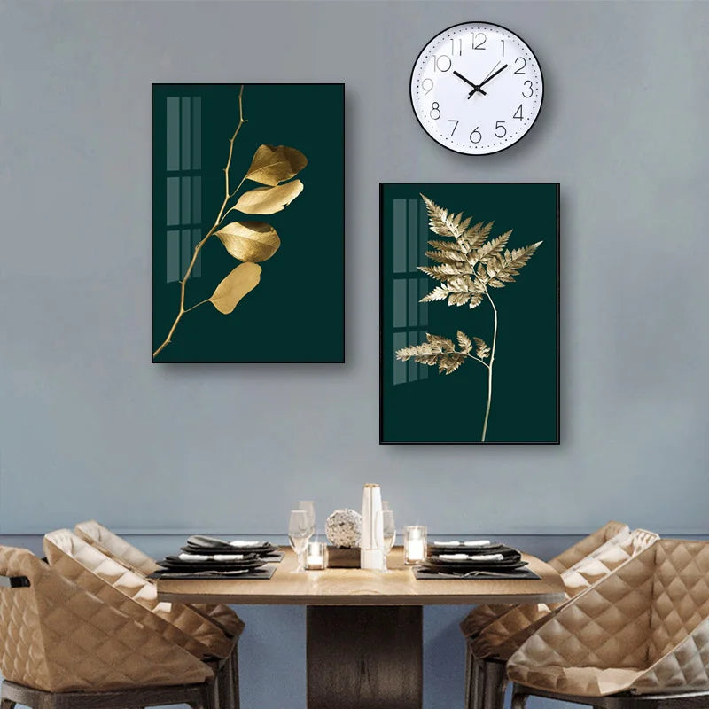 Abstract Tropical Botany Golden Leaves Wall Art Fine Art Canvas Prints Pictures For Living Room Dining Room Light Luxury Home Decor | Bowlift