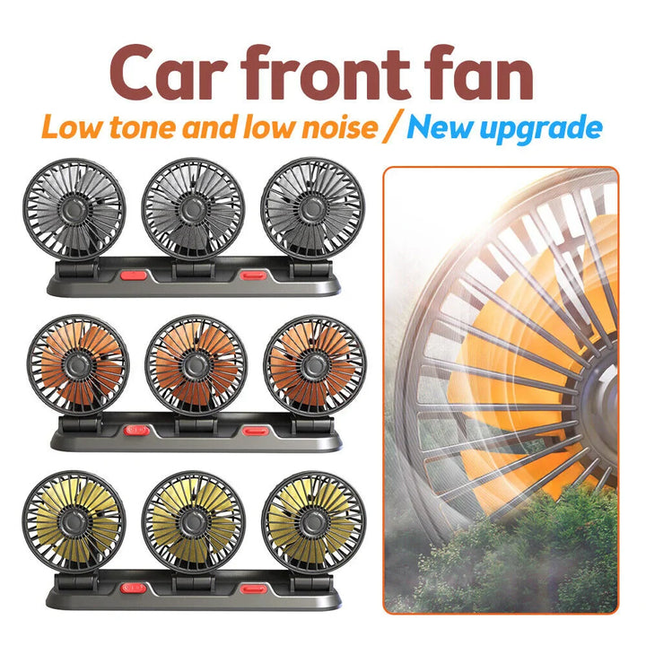 360° Adjustable Car Fan - 3-Head Automotive Electric Fan - USB/12V/24V - 2 Speeds - Silent Cooling for Home, Desk, Office & Car | Bowlift