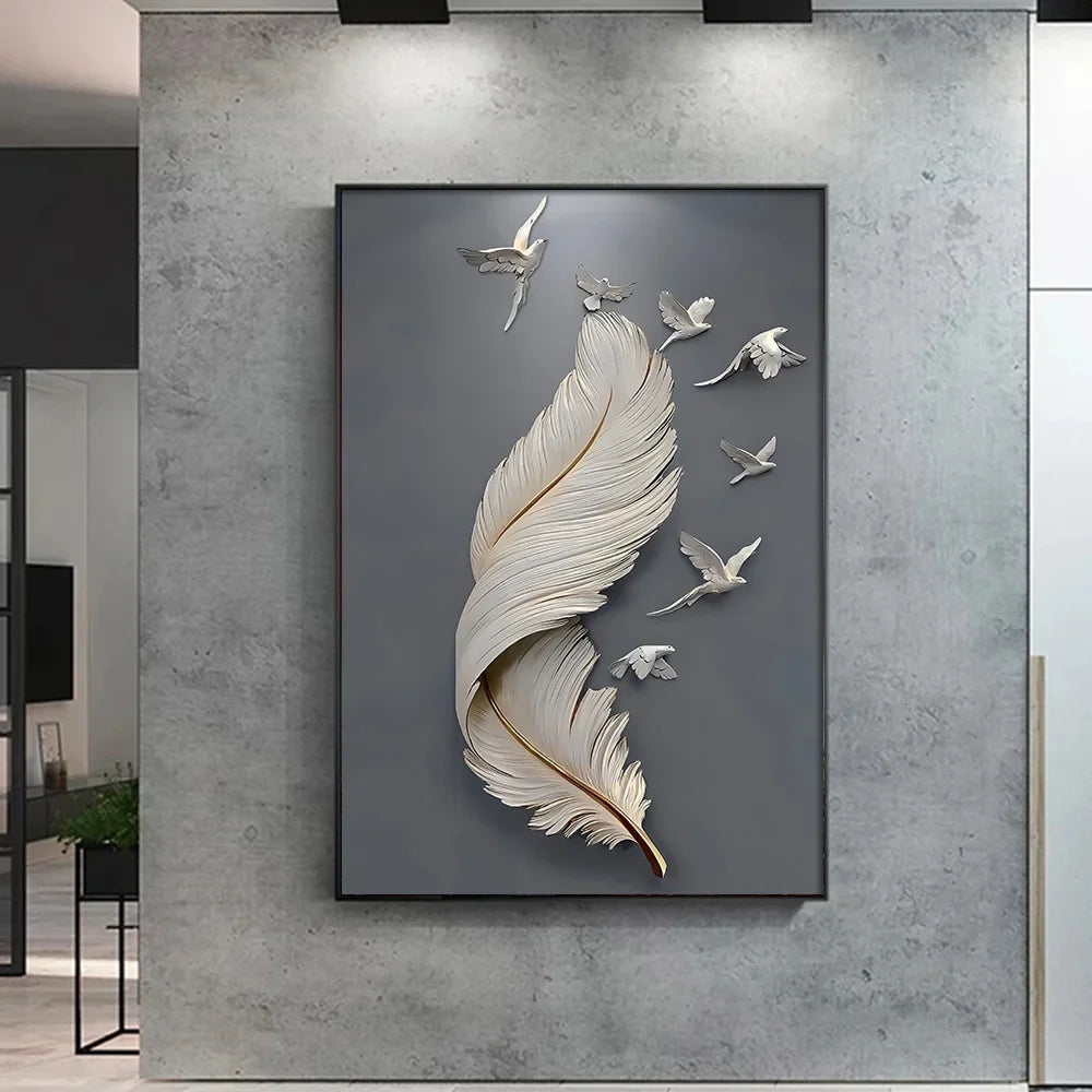 Seven Birds Feather Wall Art Fine Art Canvas Prints 3d Visualization Minimalist Abstract Pictures For Living Room Entranceway, Foyer Art Decor | Bowlift