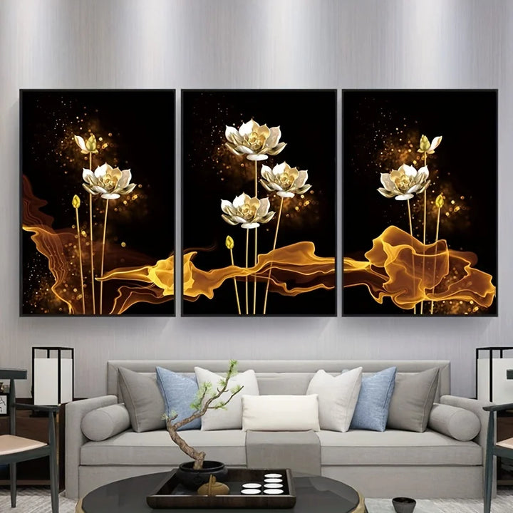 Set of 3PCs White Golden Lotus Exotic Floral Wall Art Fine Art Canvas Prints Exotic Botanic Pictures For Luxury Living Room Dining Room Bedroom Art Decor | Bowlift