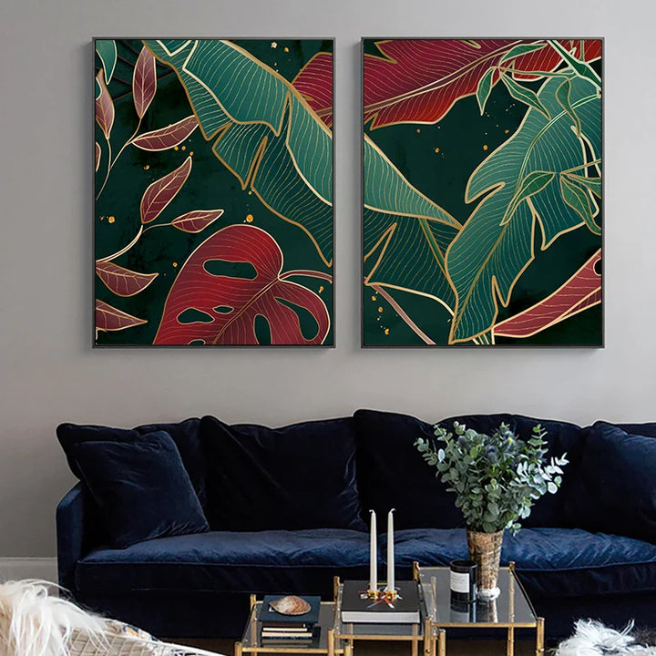 Modern Abstract Tropical Botany Wall Art Fine Art Canvas Prints Red Green Palm Leaves Posters Pictures For Living Room Hotel Room Decor | Bowlift