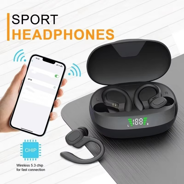 BowLift | SP16 True Wireless Earbuds with Ear Hooks, Waterproof Sports Headphones with Mic and HiFi Stereo Sound