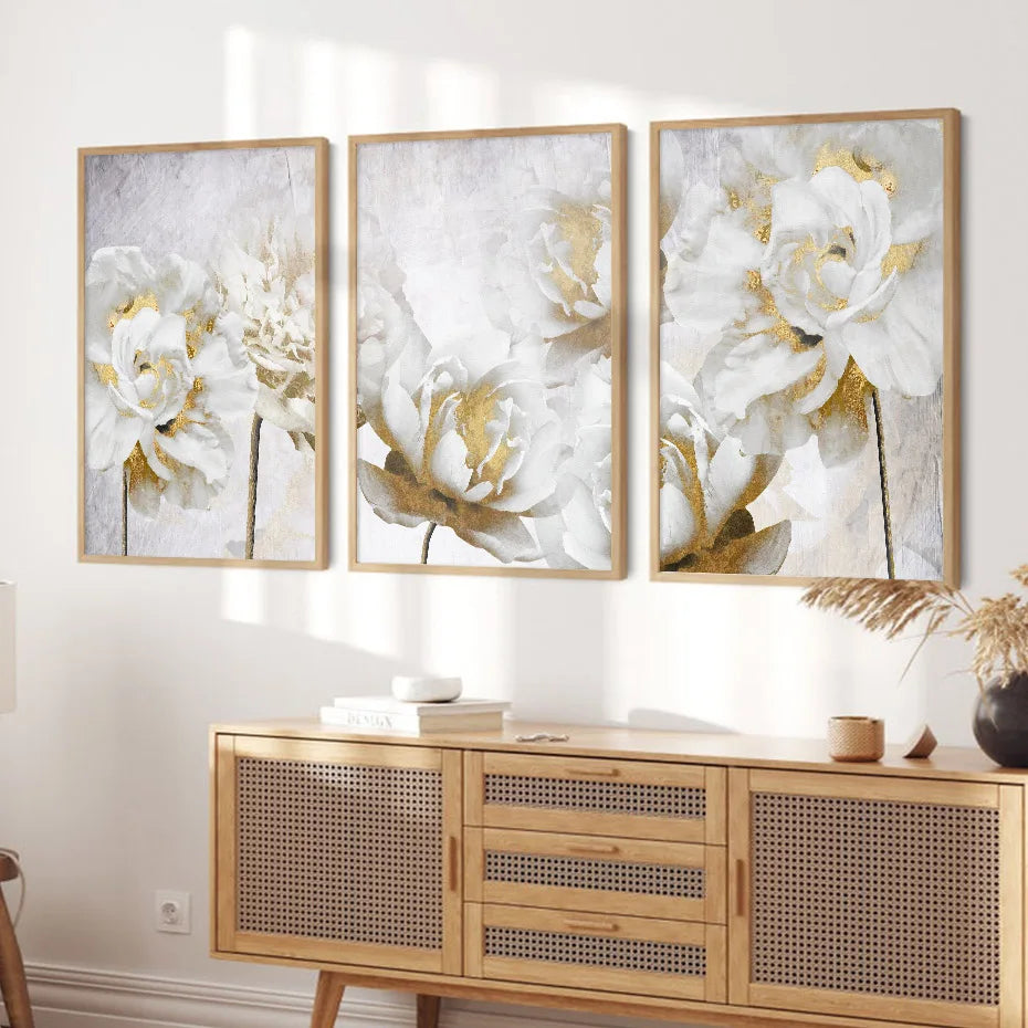 Opulent Blossoms Elegant White Flowers with Gold Accents Canvas Wall Art Fine Art Canvas Prints Posters Floral Pictures For Modern Living Room | Bowlift