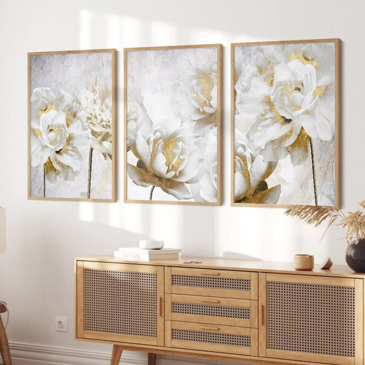 Opulent Blossoms Elegant White Flowers with Gold Accents Canvas Wall Art Fine Art Canvas Prints Posters Floral Pictures For Modern Living Room | Bowlift