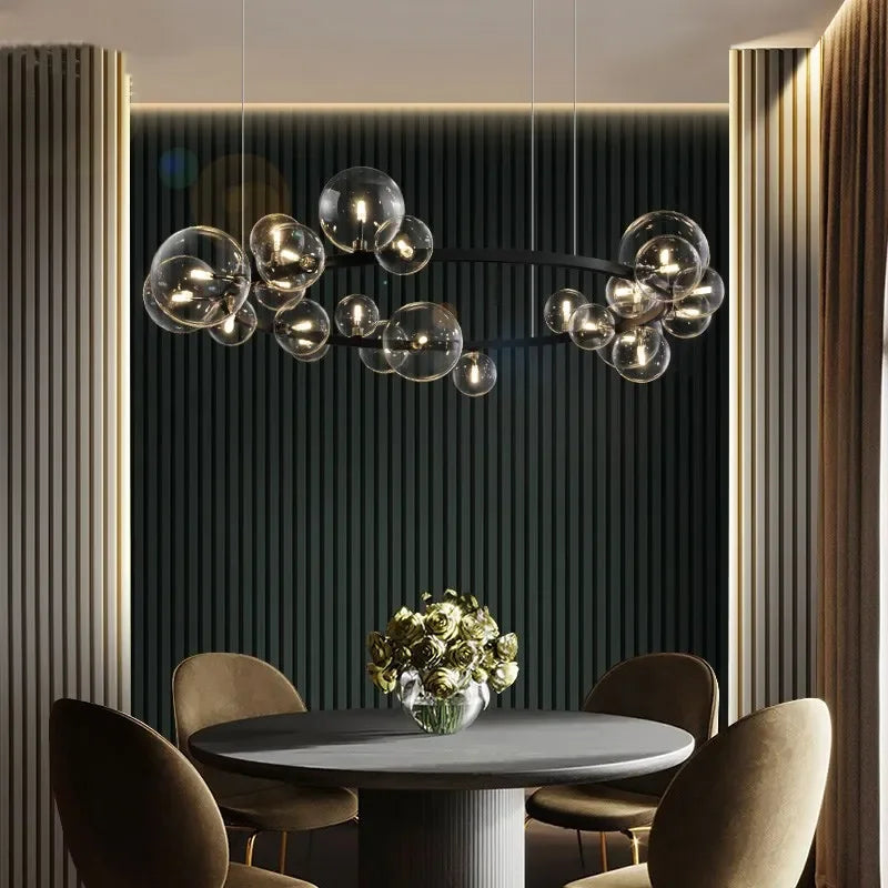 BowLift | Modern Creative Metal Chandelier Lighting: 7/10 Clear Glass Bubbles, Long Round Design with G9 Light Fixture