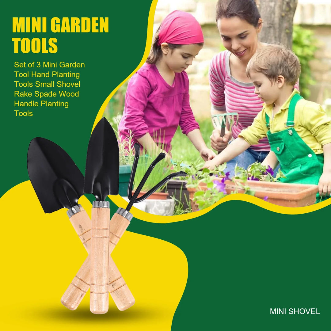 BowLift | Planturio Mini Garden Tool Set 3-piece | Spade, Shovel & Rake | Wooden Handle & Metal Head | For Bonsai & Houseplants