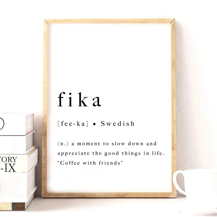 Fika Poster Swedish Lifestyle Quote Black White Wall Art Fine Art Canvas Print Inspirational Motivational Wall Decor For Modern Living | Bowlift