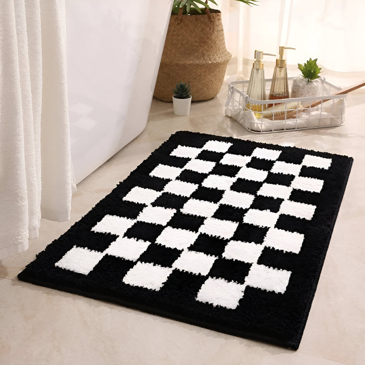 BowLift | Plush Checkered Microfiber Bath Mat Black and White