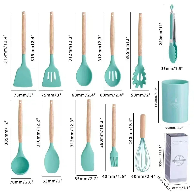 12-piece silicone cooking utensils set with wooden handles | Bowlift
