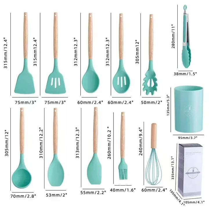 ChefEase – 12-piece silicone kitchen utensil set with wooden handles Bowlift