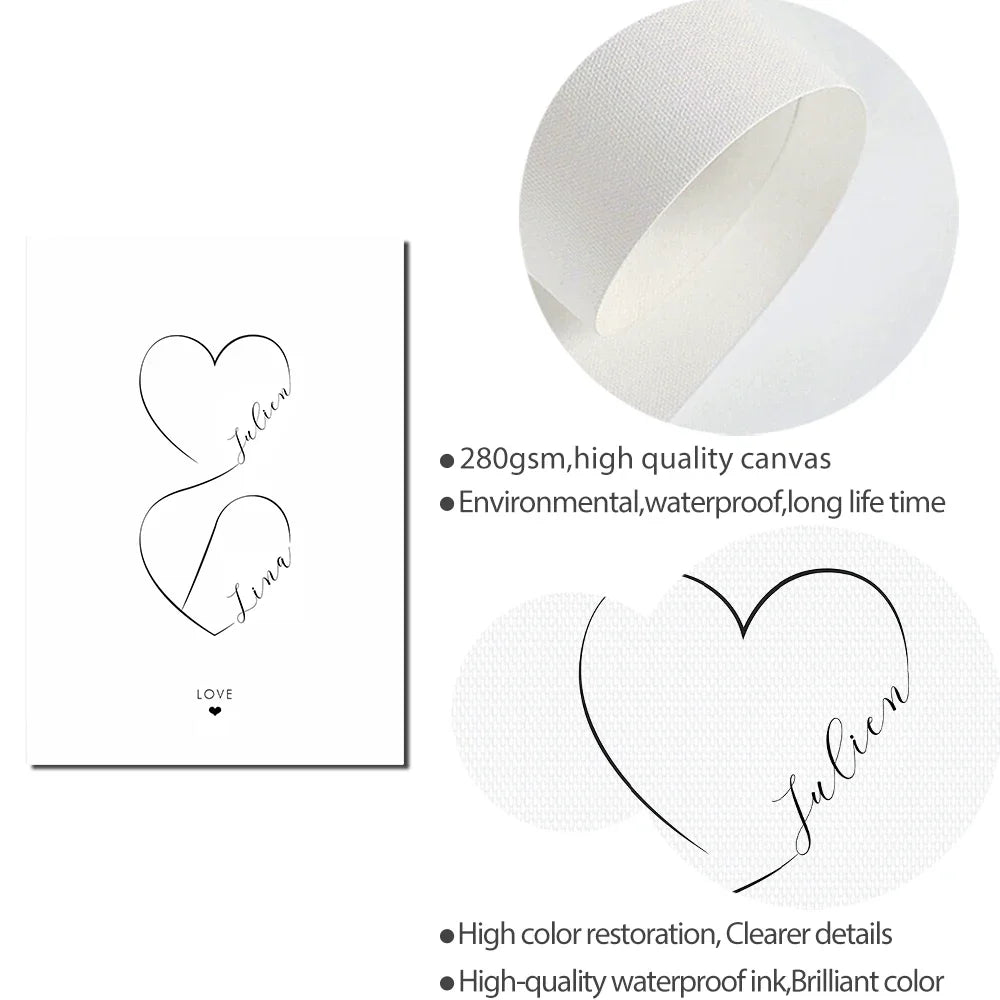 Personalized Love Heart Couples Names Poster Wall Art Black White Fine Art Canvas Prints Simple Pictures For Bedroom Living Room Wall Decor | Bowlift