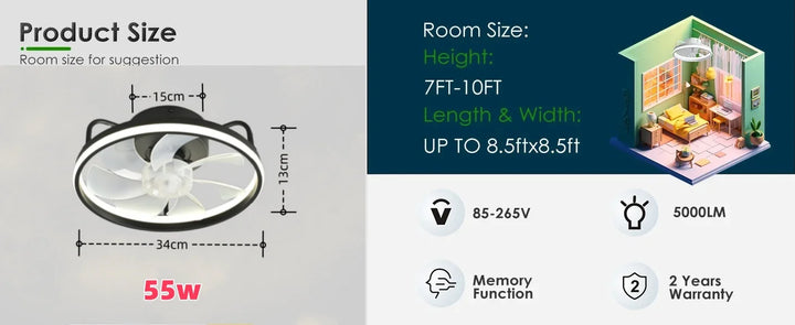 Modern LED Ceiling Fan Light with DC Motor - 6 Speed, Timer, Low Floor Attic Fan, Remote Control Decorative Light | Bowlift