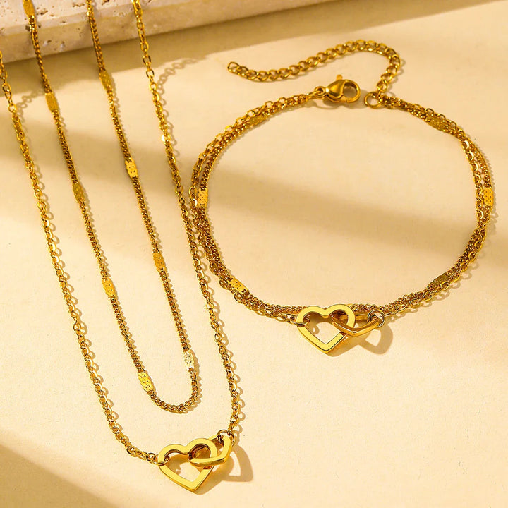BowLift | Dainty Curb & Chain Link Dual Heart Necklace and Bracelet Set