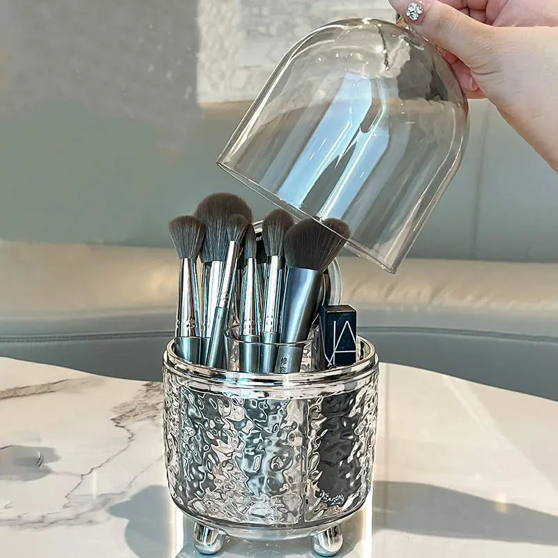 BowLift | Lumora Make-up Brush Organizer with Lid | Dustproof & Rotatable | For Brushes, Lipsticks & Perfume | 360° Rotating | Silver/Gray