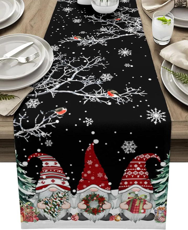 BowLift | SnowGnome Christmas Table Runner – Luxe Linen Table Runner with Snowflake and Gnome Design