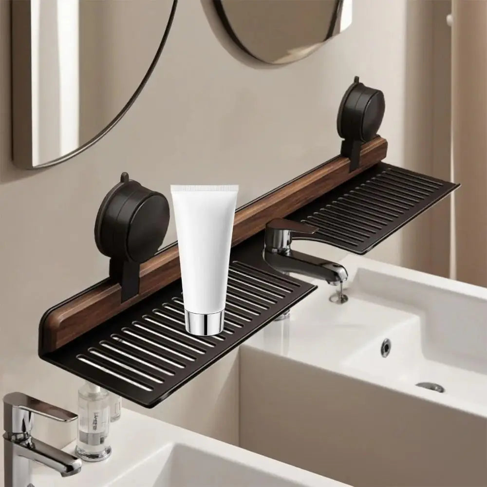 BowLift | Over Sink Suction Cup Walnut Bathroom Rack