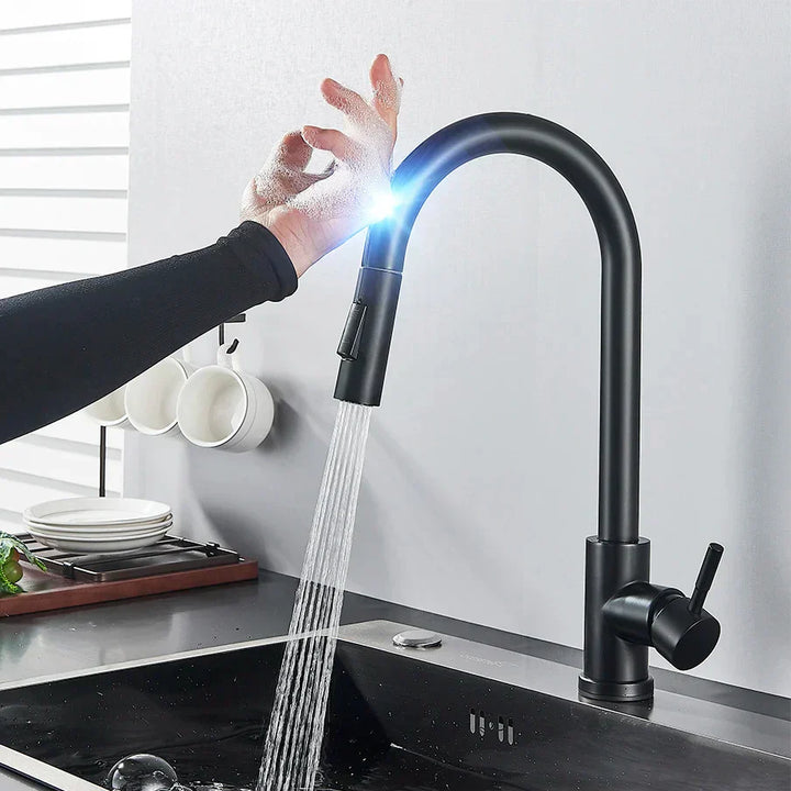 BowLift | SmartTouch | Kitchen Faucet with Touch Sensor and Pull-Out Spray Head – Brushed Nickel