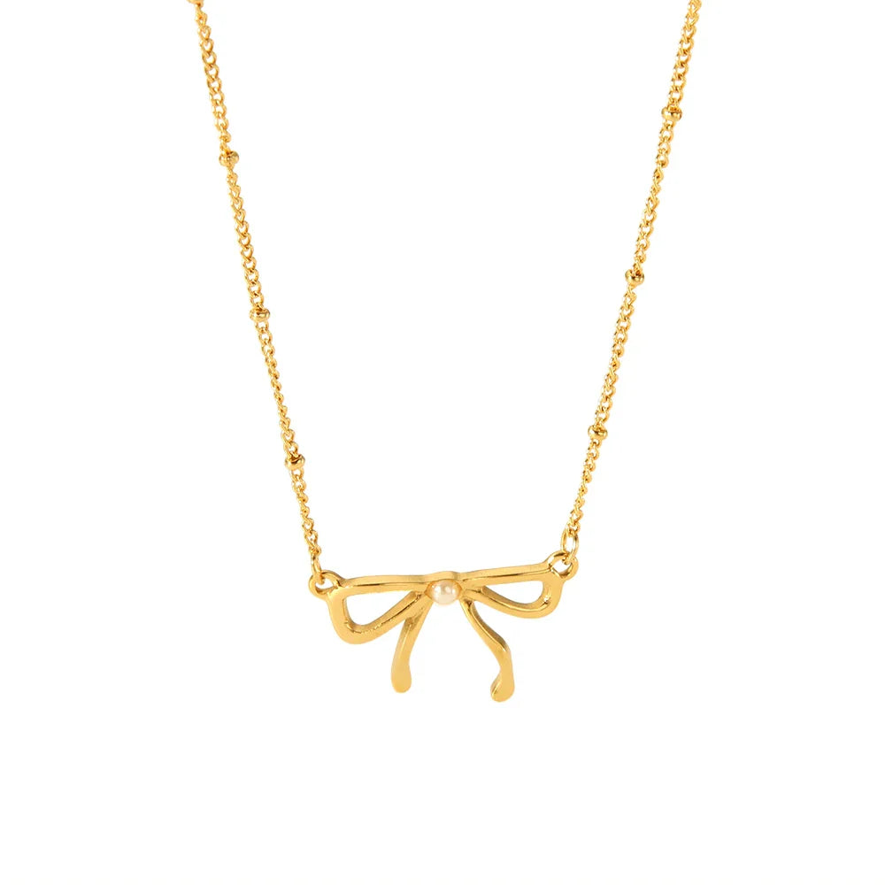 BowLift | 18k Feminine Bow Herringbone & Dainty Pearl Necklace