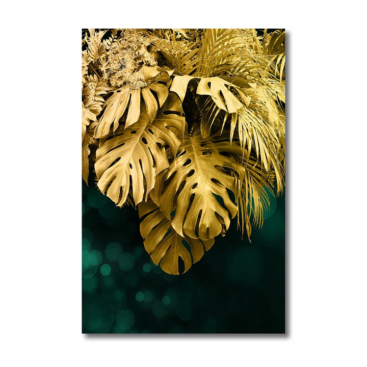 Set of 3Pcs Golden Leaf Wall Art Minimalist Nordic Tropical Plants Fine Art Canvas Prints Pictures For Living Room Dining Room Art Decor | Bowlift