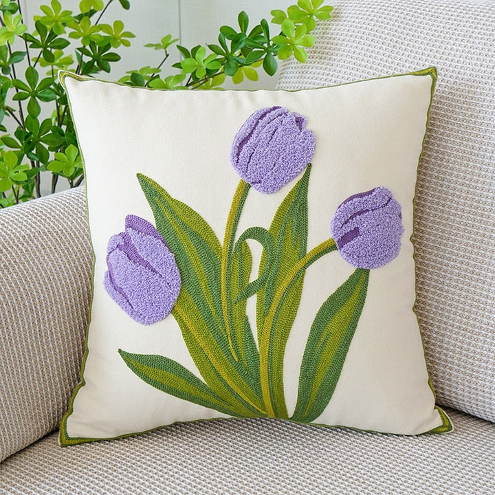 Embroidered tulip cushion cover