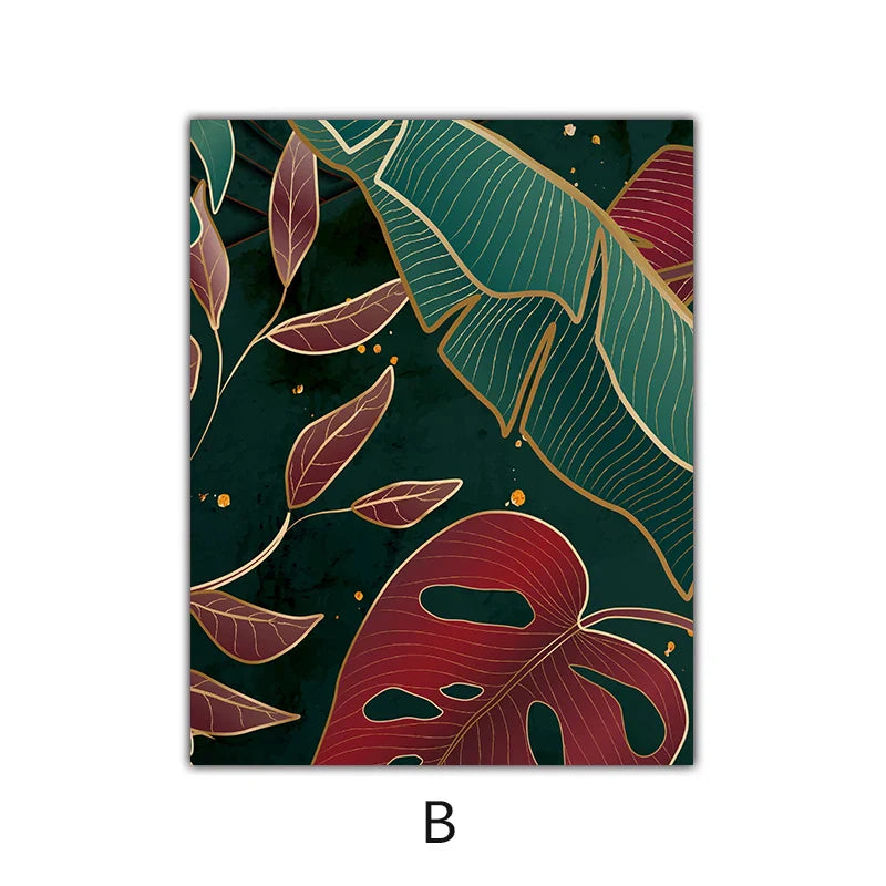 Modern Abstract Tropical Botany Wall Art Fine Art Canvas Prints Red Green Palm Leaves Posters Pictures For Living Room Hotel Room Decor | Bowlift