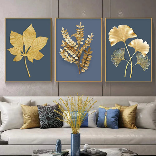 Blue Minimalist Golden Abstract Floral Wall Art Fine Art Canvas Prints Pictures For Luxury Living Room Dining Room Home Office Art Decor | Bowlift