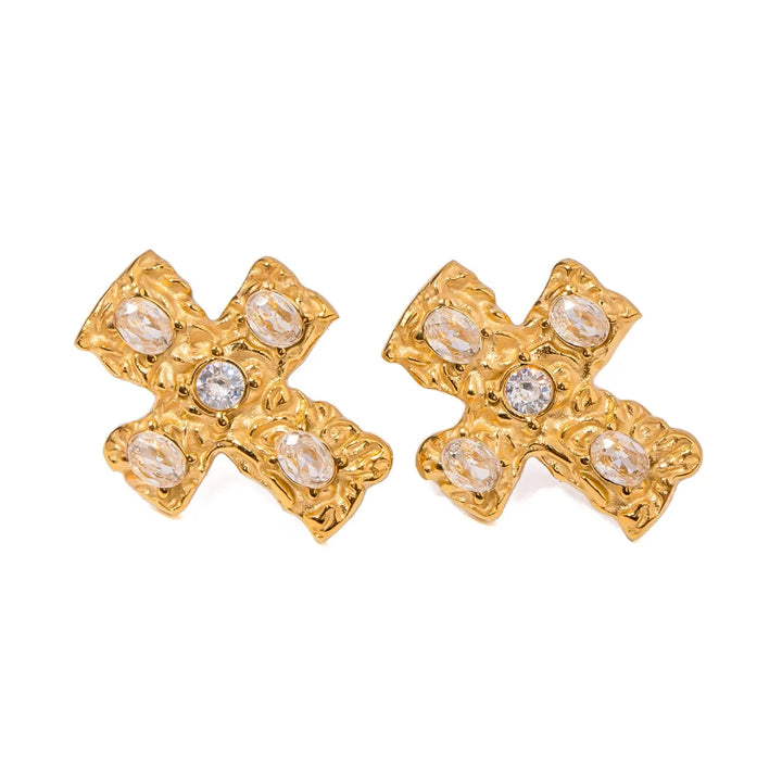 BowLift | 18k Textured Oval Diamond Cross Earrings