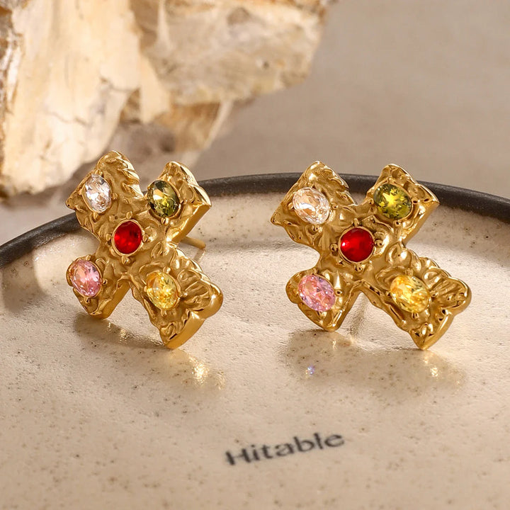 BowLift | 18k Textured Oval Diamond Cross Earrings