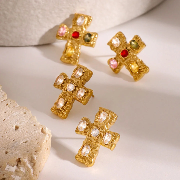 BowLift | 18k Textured Oval Diamond Cross Earrings