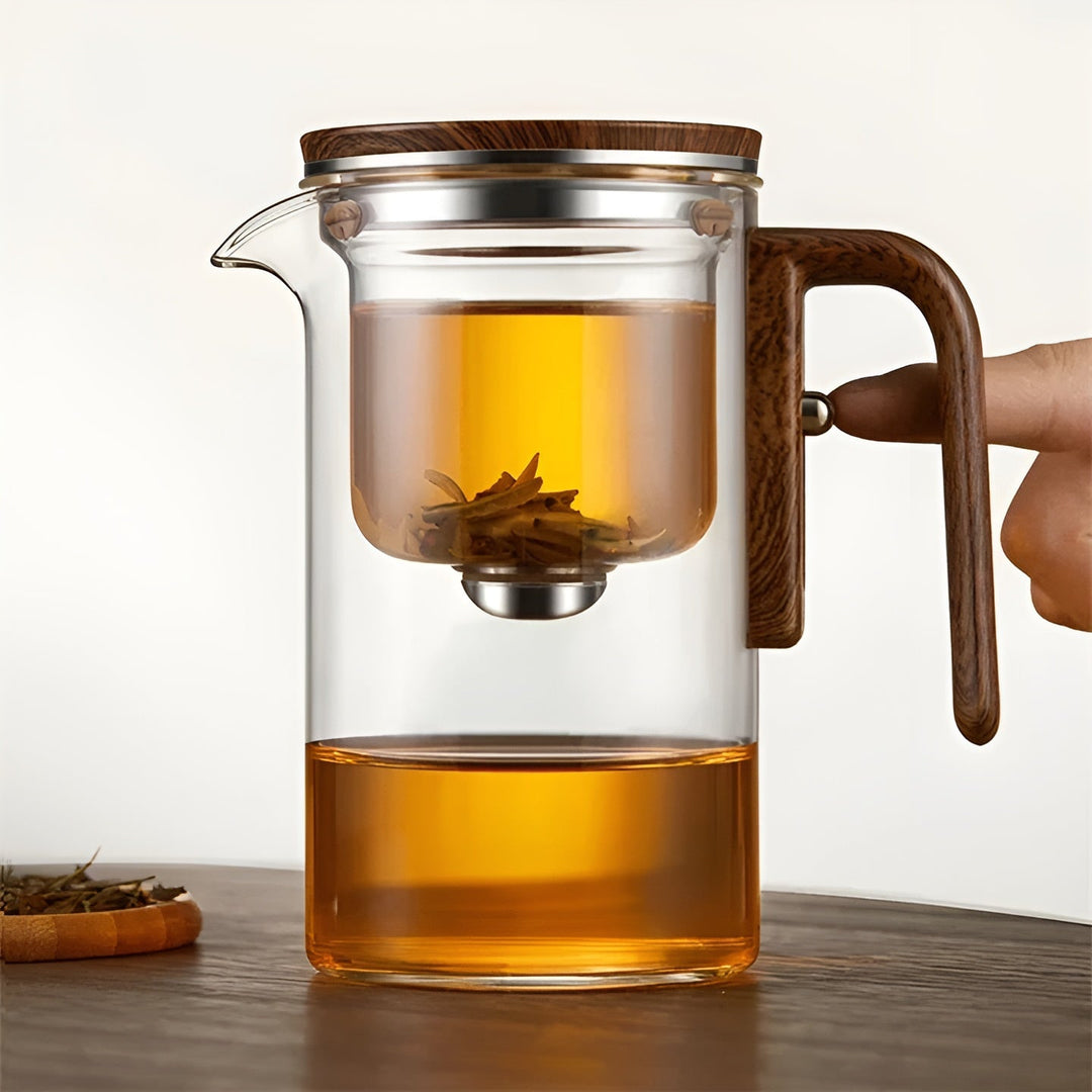 Glass teapot with wooden handle – One-click filter | Perfect for loose tea & Puer | Bowlift