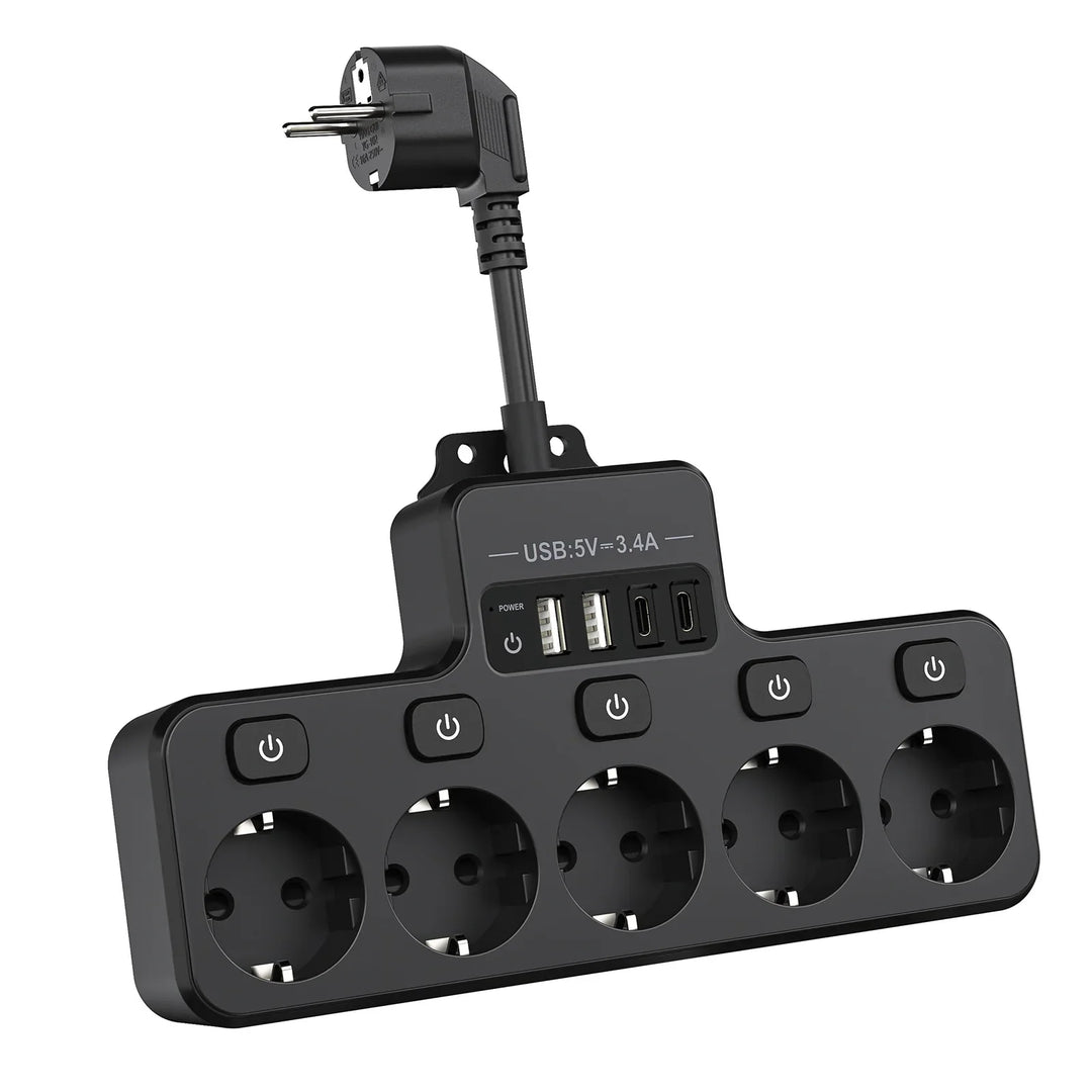 BowLift | Voltaro Pro 9-in-1 | Power Strip EU | 5 AC Outlets + 4 USB (2× Type-C) | Individual Switch | 16A | Short Cable 10 cm