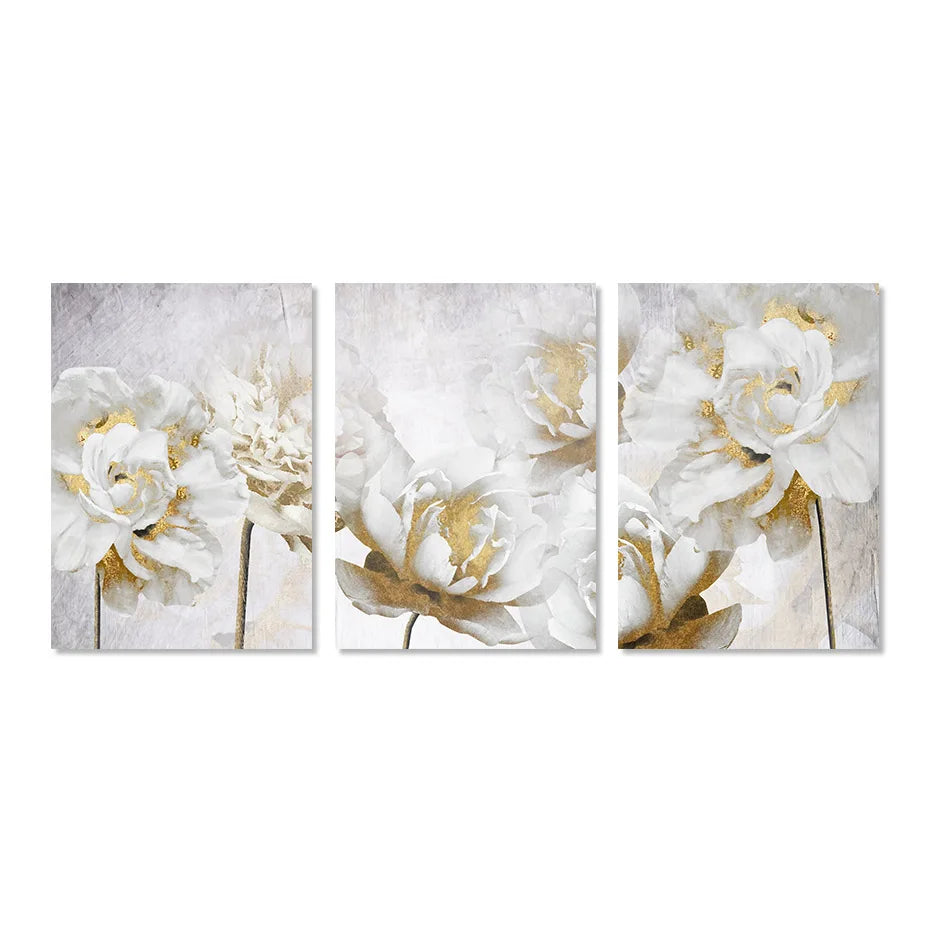 Opulent Blossoms Elegant White Flowers with Gold Accents Canvas Wall Art Fine Art Canvas Prints Posters Floral Pictures For Modern Living Room | Bowlift