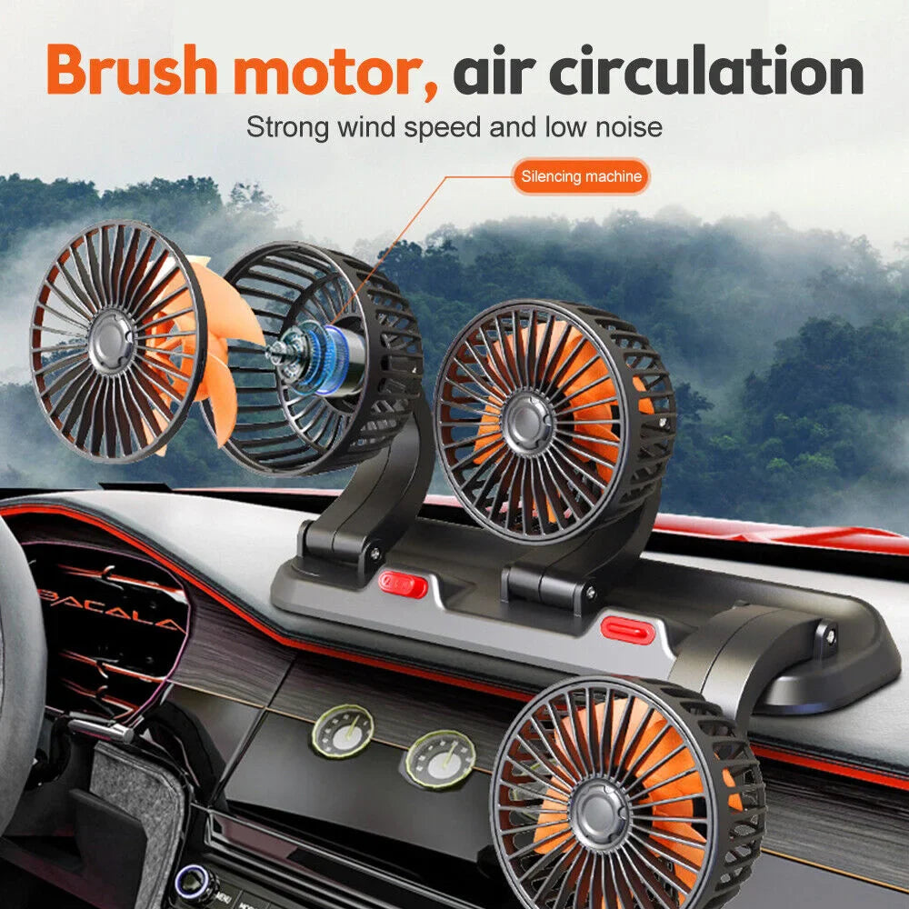 360° Adjustable Car Fan - 3-Head Automotive Electric Fan - USB/12V/24V - 2 Speeds - Silent Cooling for Home, Desk, Office & Car | Bowlift
