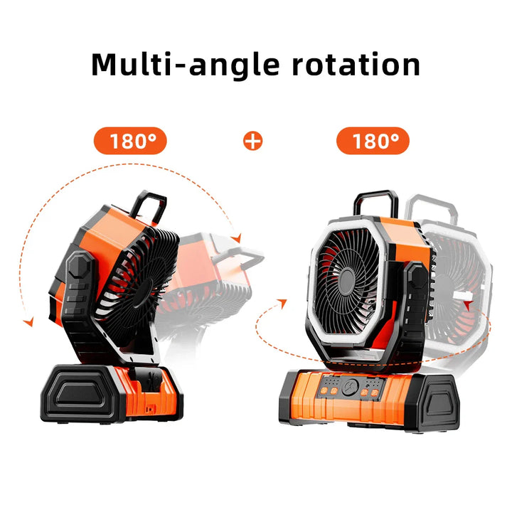 20000mAh Portable Rechargeable Fan — Battery-Operated Desk & Camping Fan with LED Light & Hook for Tent, Car, and Outdoor Trips | Bowlift