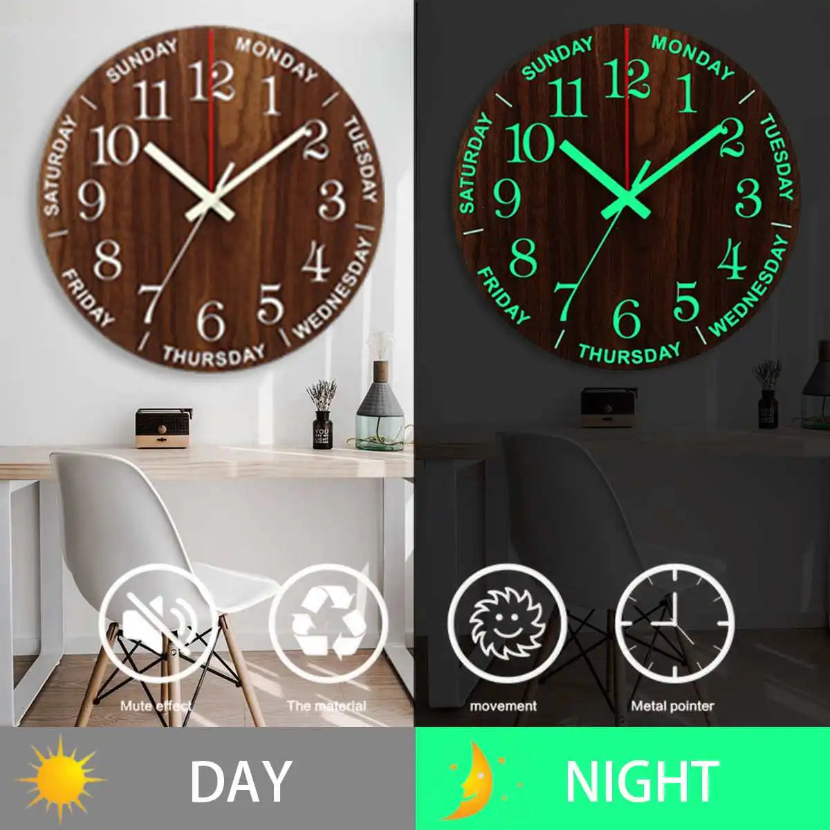 GlowClock – Luxe Wooden Wall Clock with Night Light Bowlift