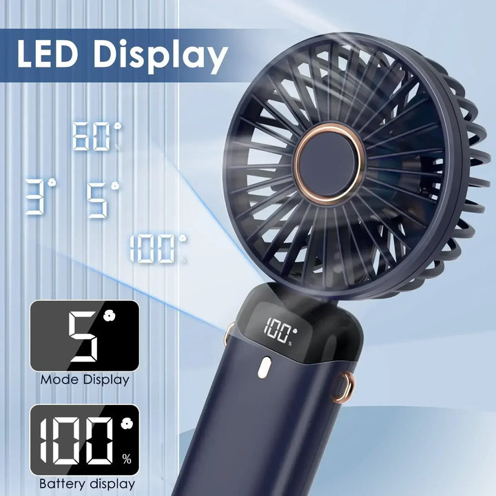 5000mAh Handheld Mini Fan – Wireless USB Rechargeable Portable Fan with Digital Display, Phone Holder, 5-Speed Foldable Neck Hanging Fan | Bowlift