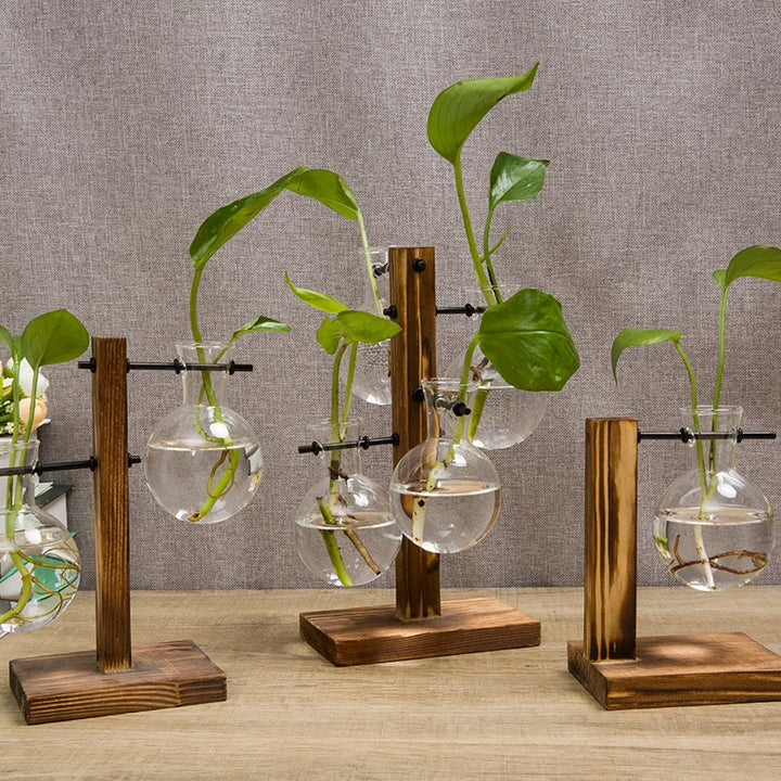 BowLift | Naturiva Design Glass Vase with Wooden Frame | For Cut Flowers & Hydroponics | Scandinavian Style | 3-Piece Set